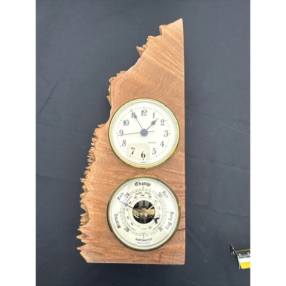 Charles Elkan Rough Burl Wood Signed Vintage Desk Clock Barometer Handmade MCM